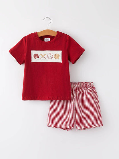 Baseball Boys Smocking Embroidered Plaid