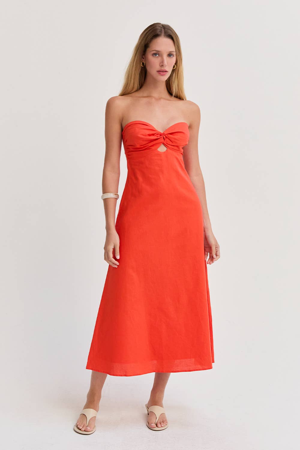 Orange Linen Front Twist Midi Dress