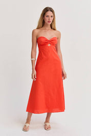 Orange Linen Front Twist Midi Dress