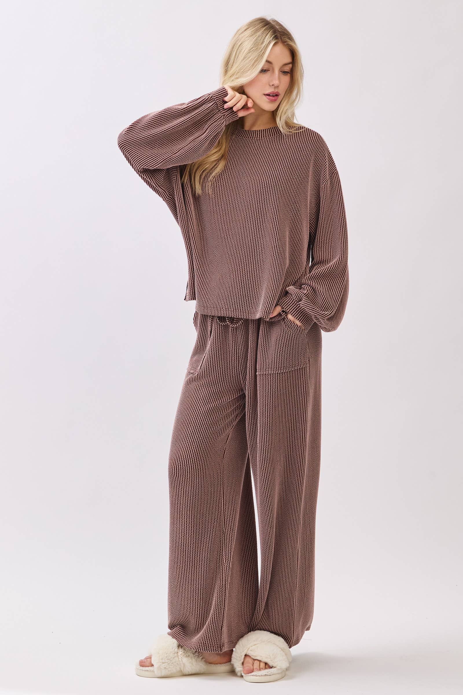 Brown Ribbed Knit Top and Wide Leg Pants Set