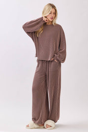 Brown Ribbed Knit Top and Wide Leg Pants Set