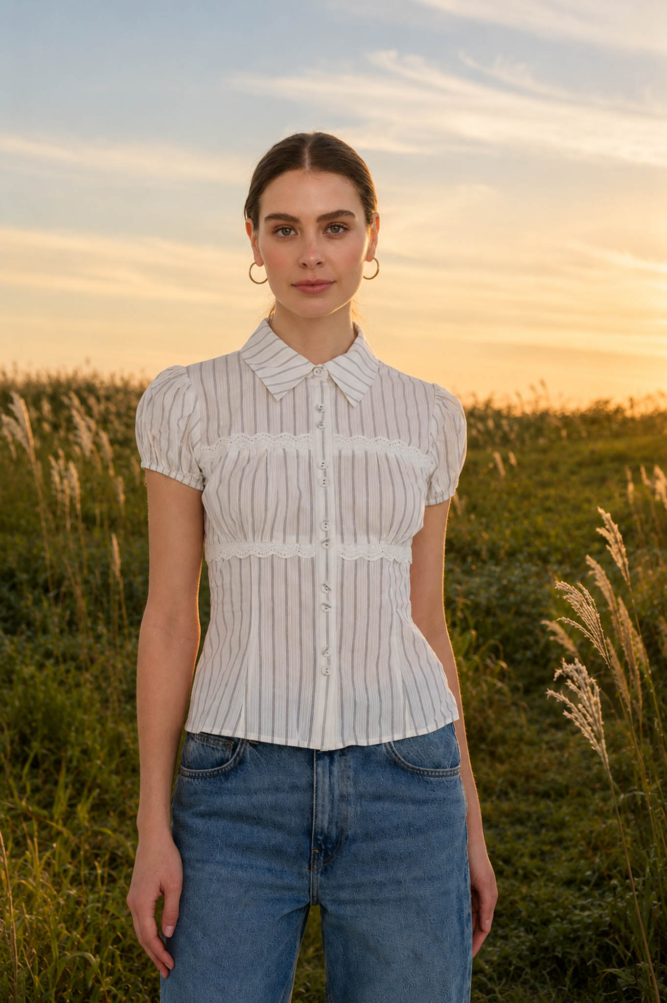 Cream & Brown Stripe Collared Top