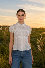 Cream & Brown Stripe Collared Top