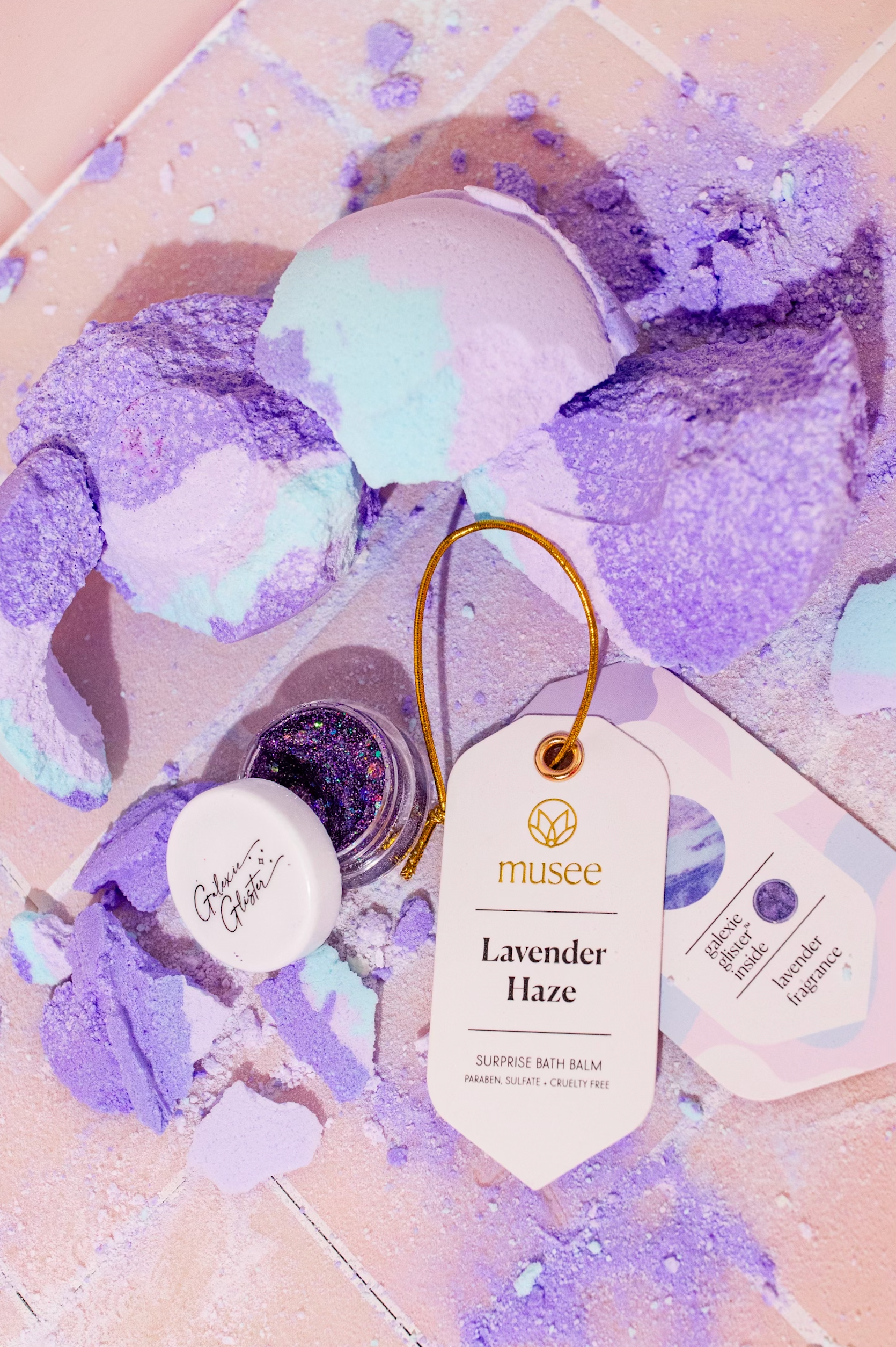 Lavender Haze Bath Balm showing galaxy body glitter capsule inside