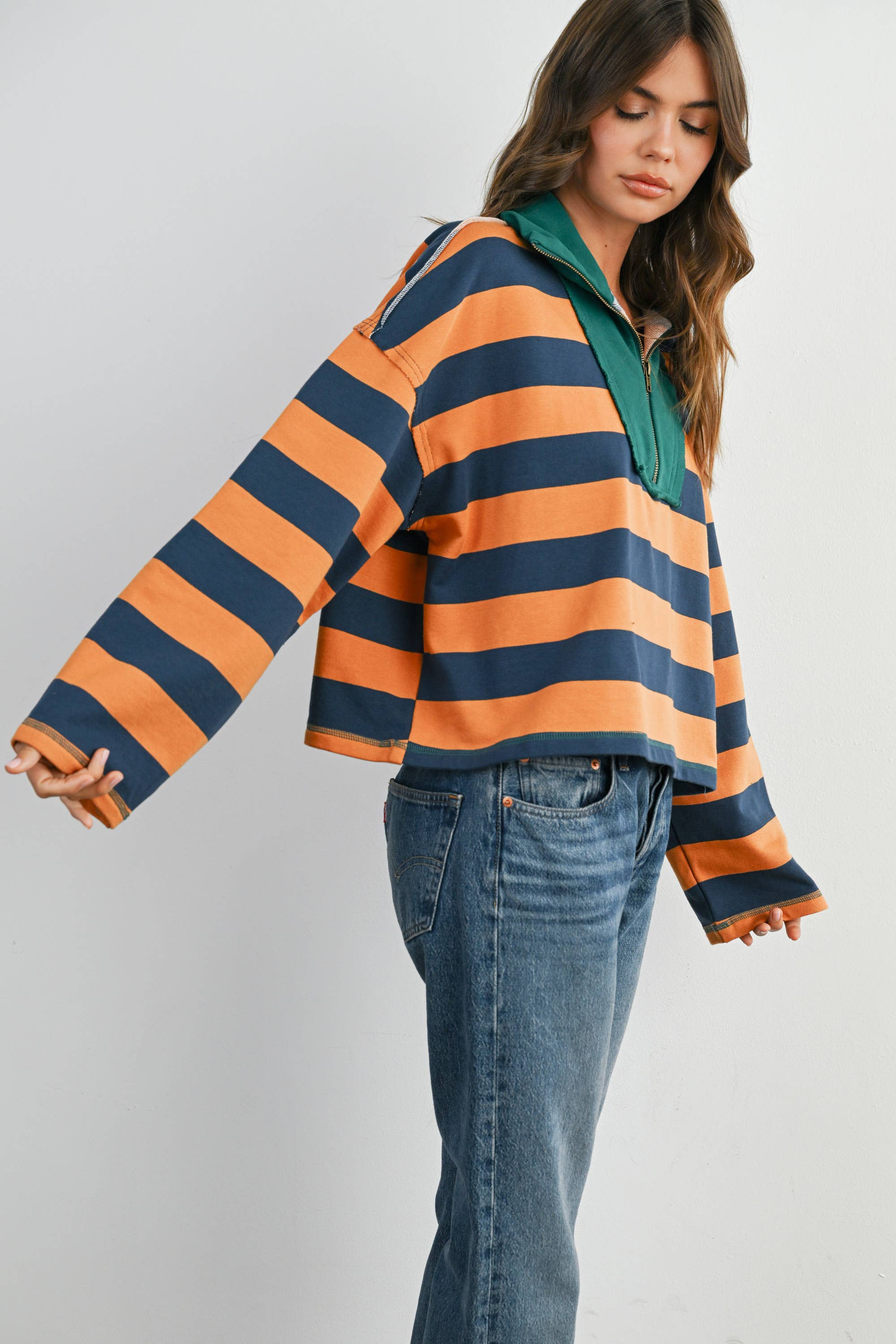 Green Striped Quarter-Zip Contrast Collar Sweatshirt