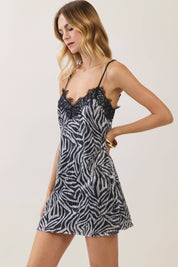Black Zebra Sequin Lace Trim Mini Dress