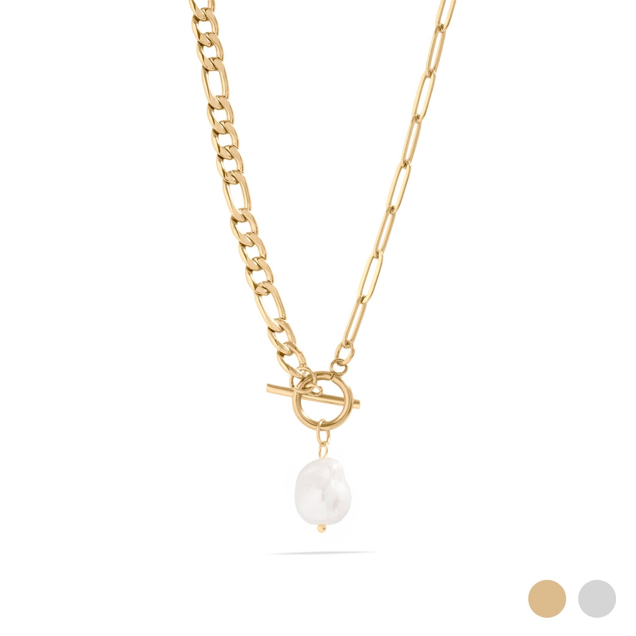 18K Gold Toggle Freshwater Pearl Charm Necklace