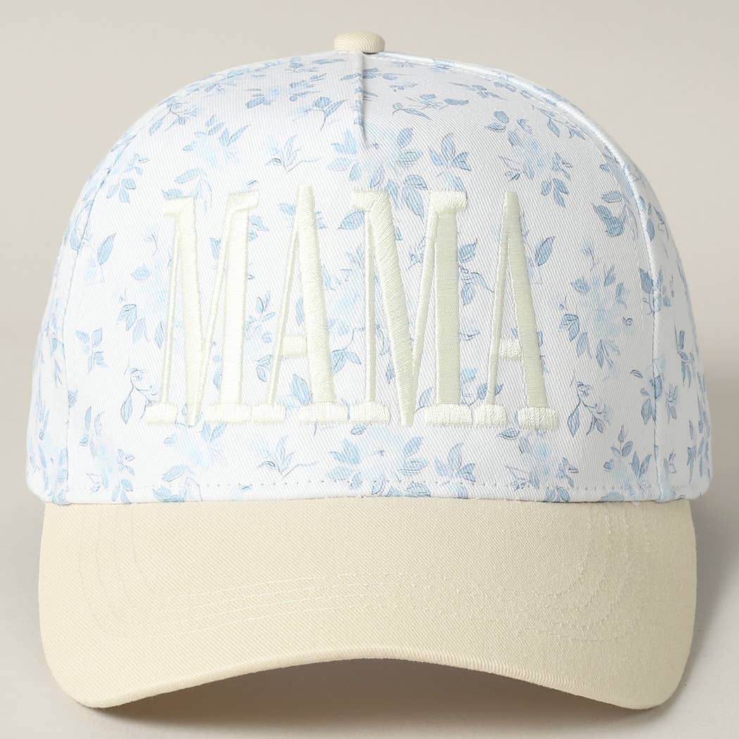 Mama Blue & Beige Embroidered Flower Hat