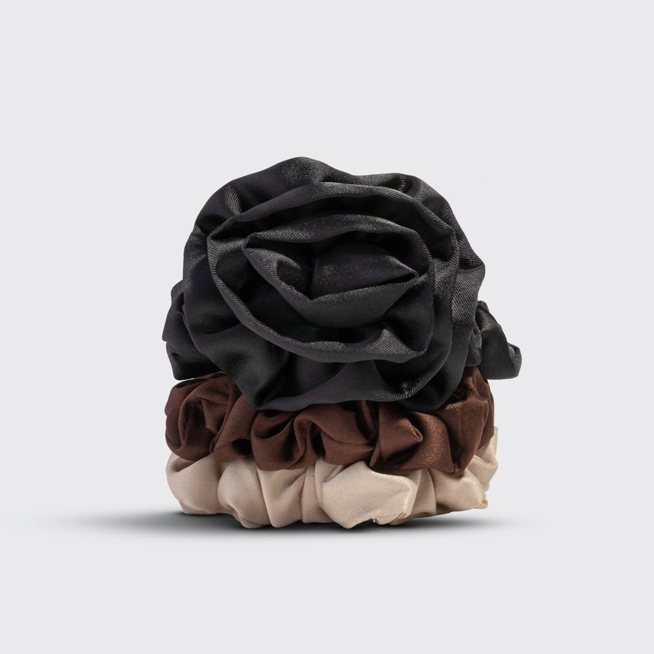 Rosette Ruched Satin Scrunchies 3pc Set - Black