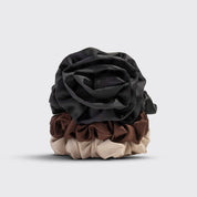 Rosette Ruched Satin Scrunchies 3pc Set - Black