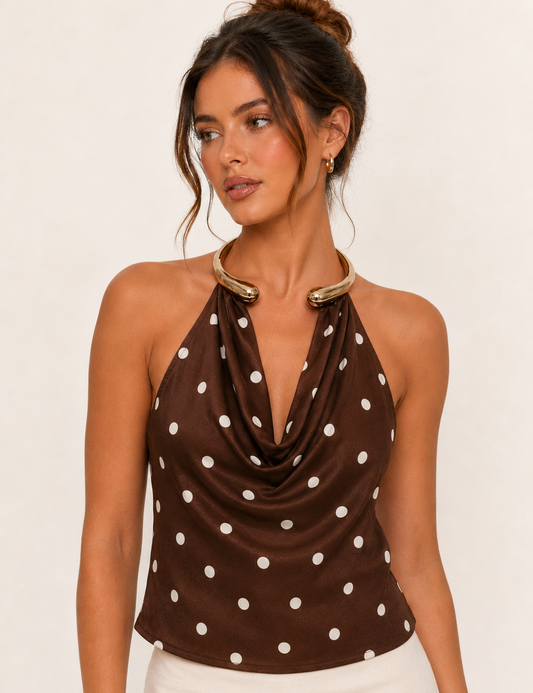 Brown Polka Dot Halter Top — halter and gold neck detail