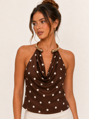 Brown Polka Dot Halter Top — halter and gold neck detail