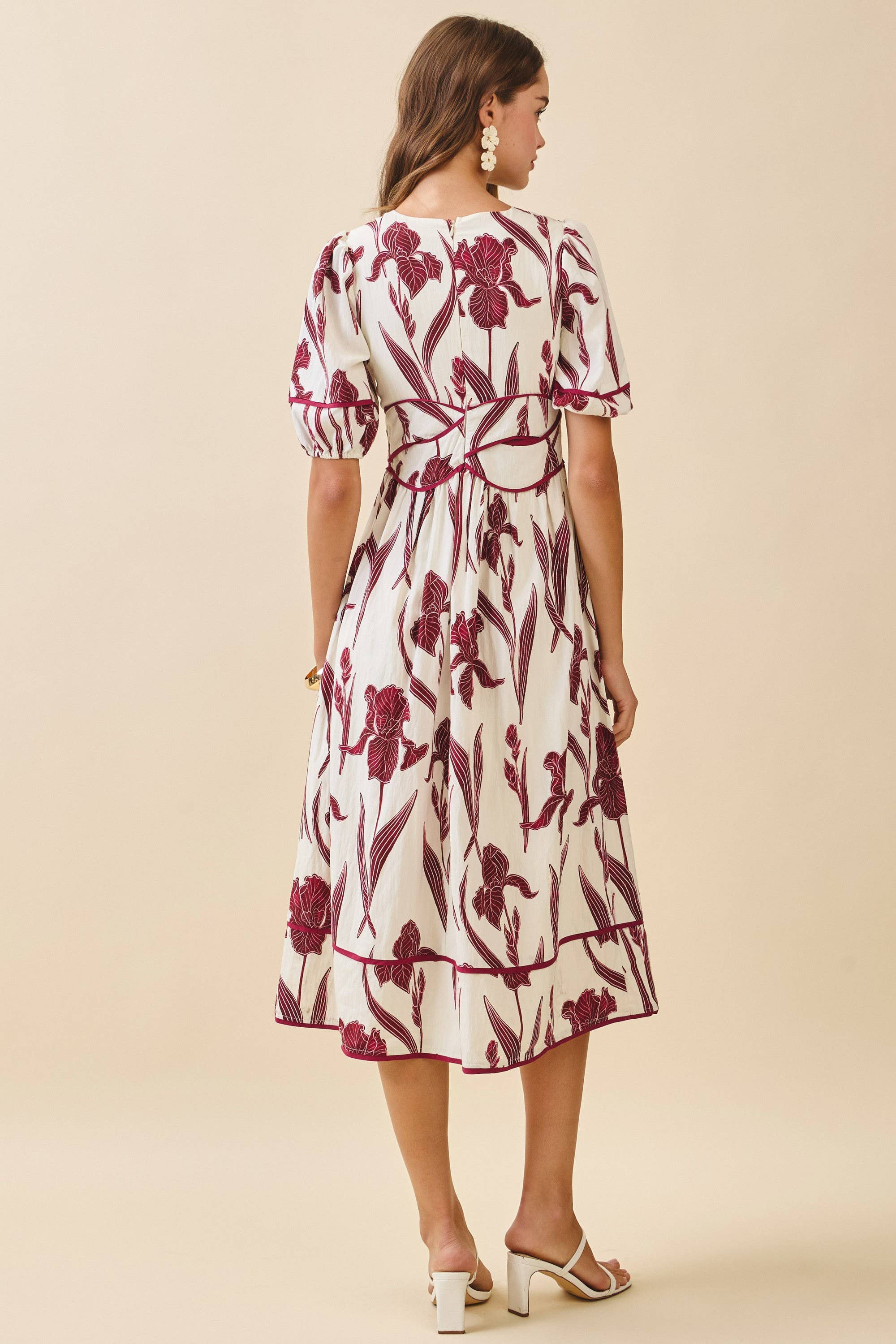 Floral Print Piping Puff Sleeve Dress
