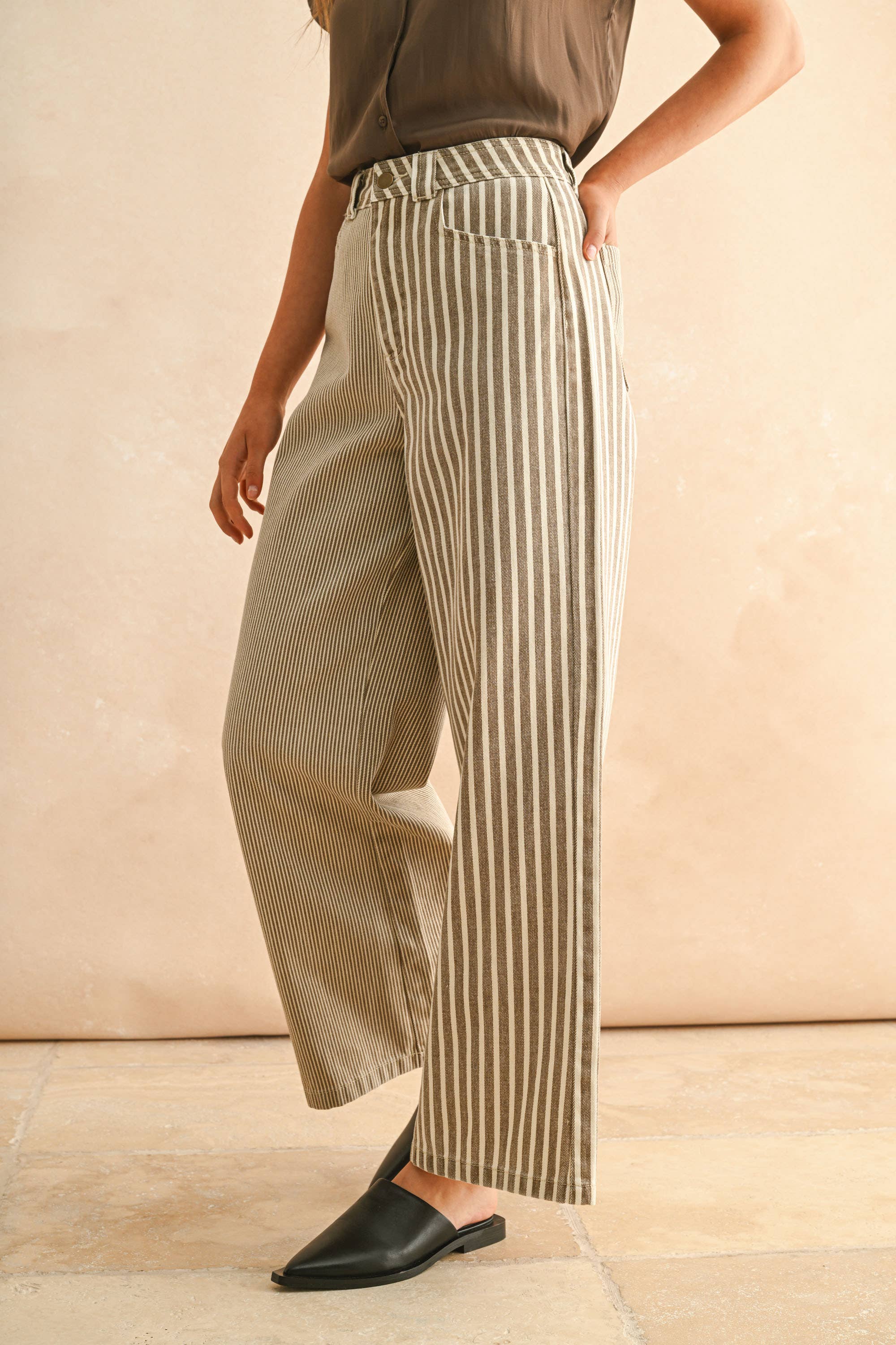 Brown Stripe Fabric Mixed Pants