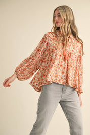 Cream & Orange Print Collared Top