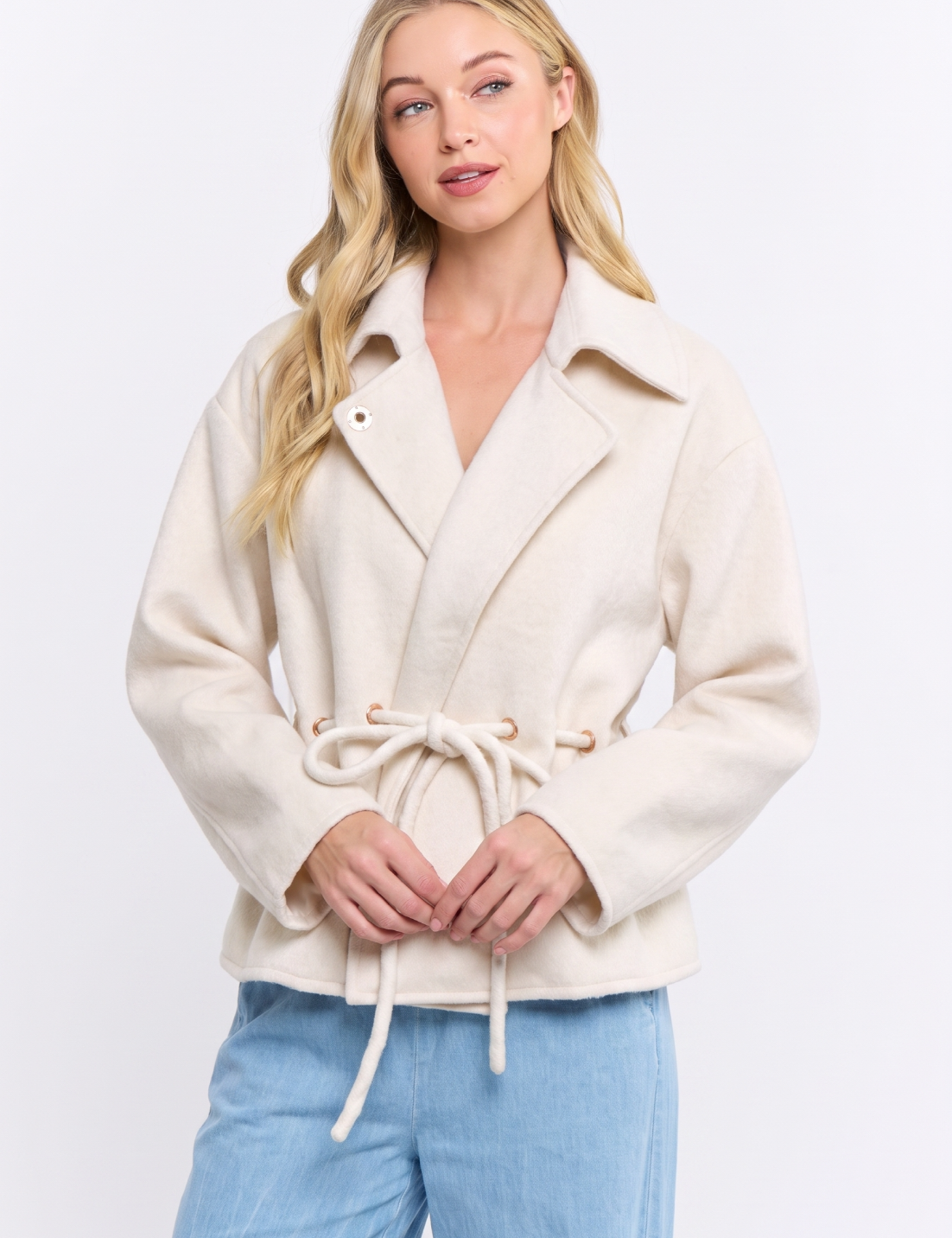 Wool Blend Belted Jacket — tie in waist to adjust fit and collared