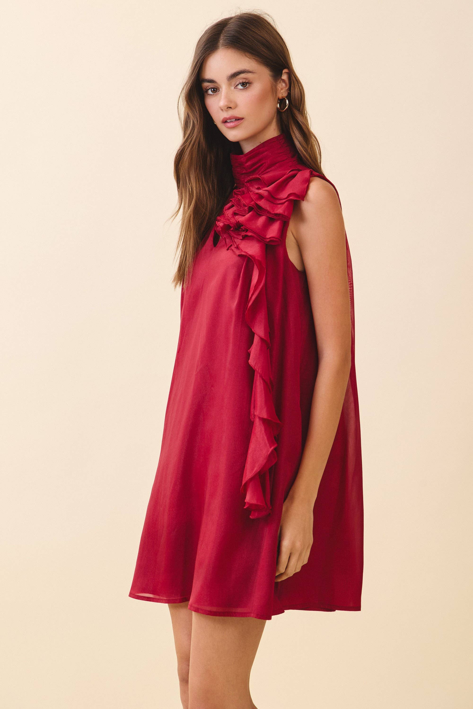 Red Sleeveless Mock Neck Ruffle Dress