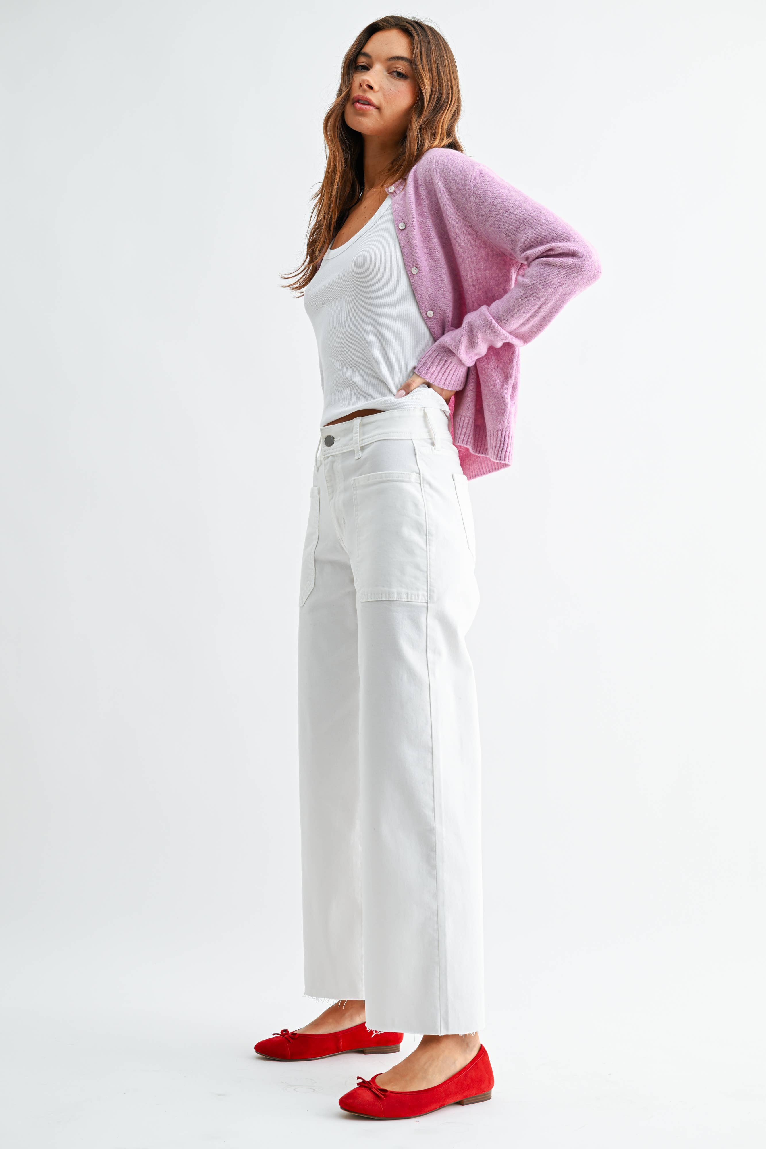 White Stretch Twill Utility Wide Leg