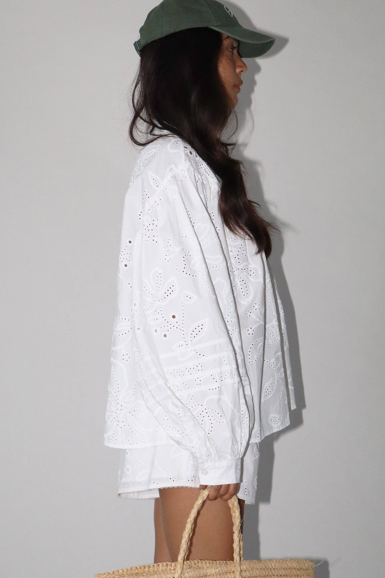 White Eyelet Cotton Long Sleeve Blouse — view 9