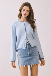 Blue Scalloped Trim Knit Top