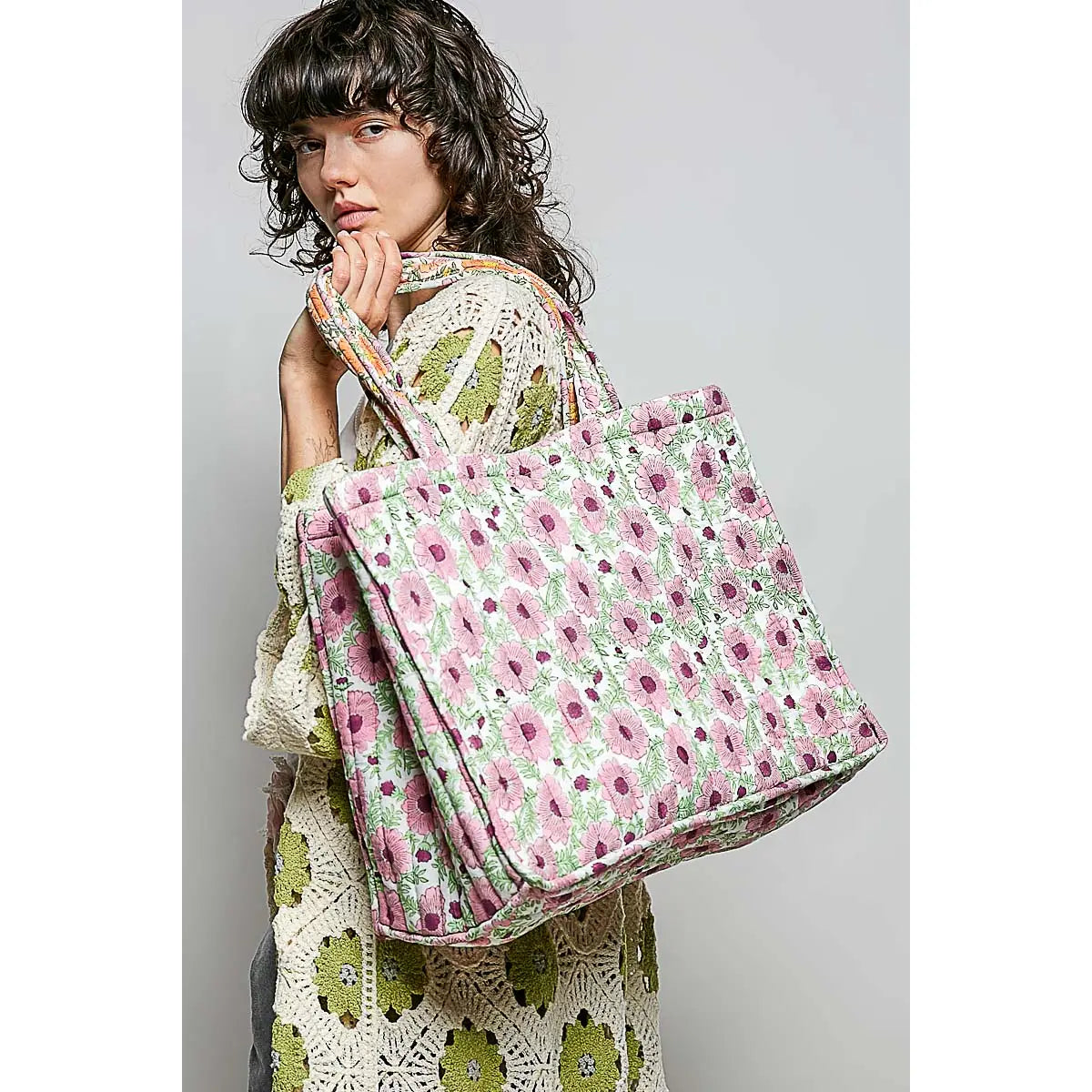 Pink Botanical Quilted Tote Bag