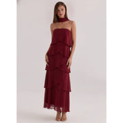 Maroon Strapless Tiered Midi Dress showing matching long neck scarf that ties at the throat