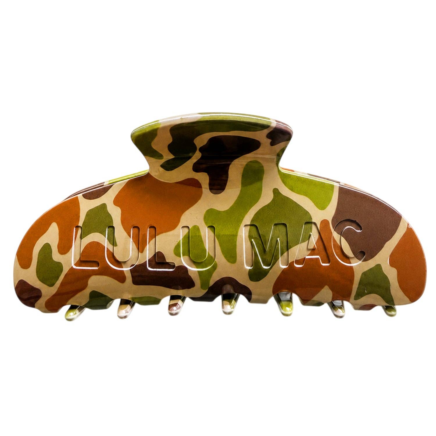 Dark Camo Hair Clip Lulu Mac — color: green, brown and tan camo print and wide dome-shaped claw clip with interlocking teeth
