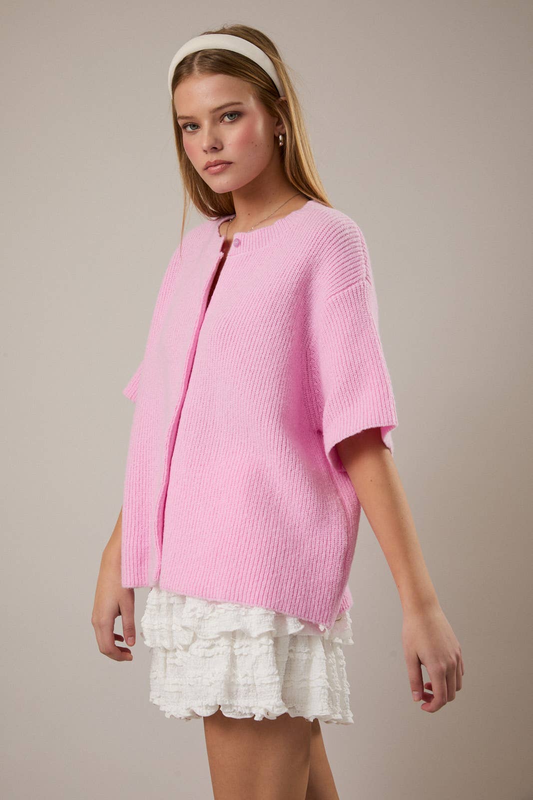 Pink Shortsleeve Ribbed Sweater Cardigan