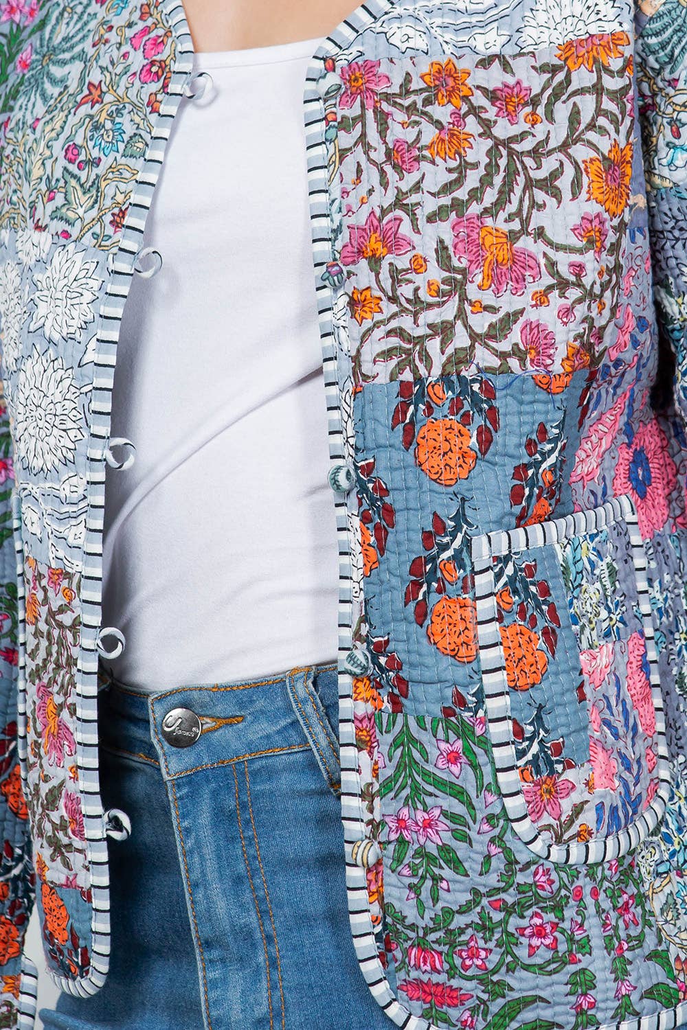 Gray Floral Print Quilted Patch Jacket
