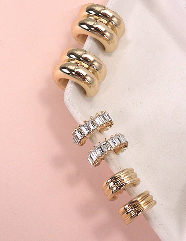 BAGUETTE STONE DOUBLE HOOP HUGGIE TRIO EARRINGS