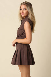 Brown Belted Sleeveless Shirt Dress showing belt