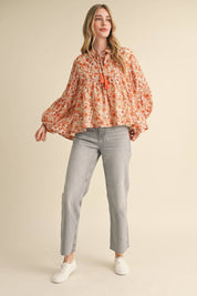 Cream & Orange Print Collared Top
