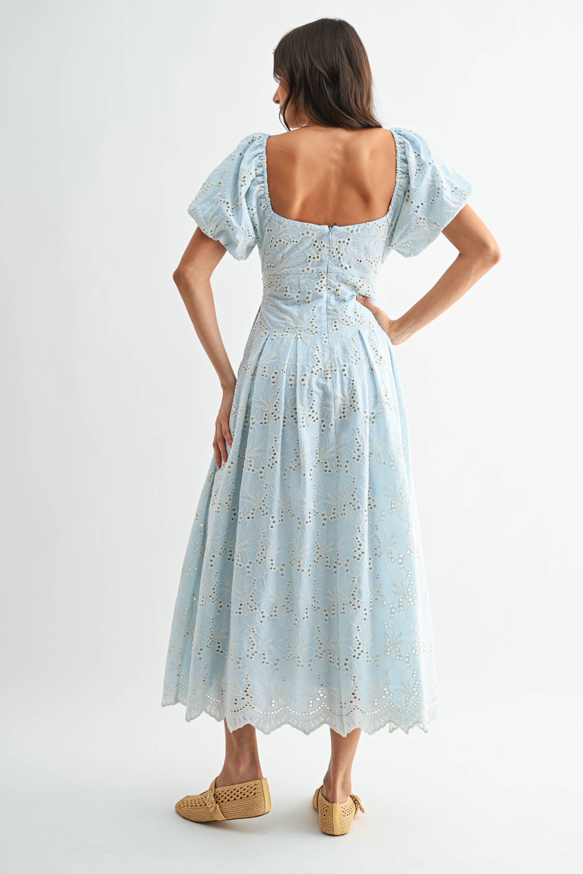 Blue Eyelet Puff Sleeve Maxi Dress