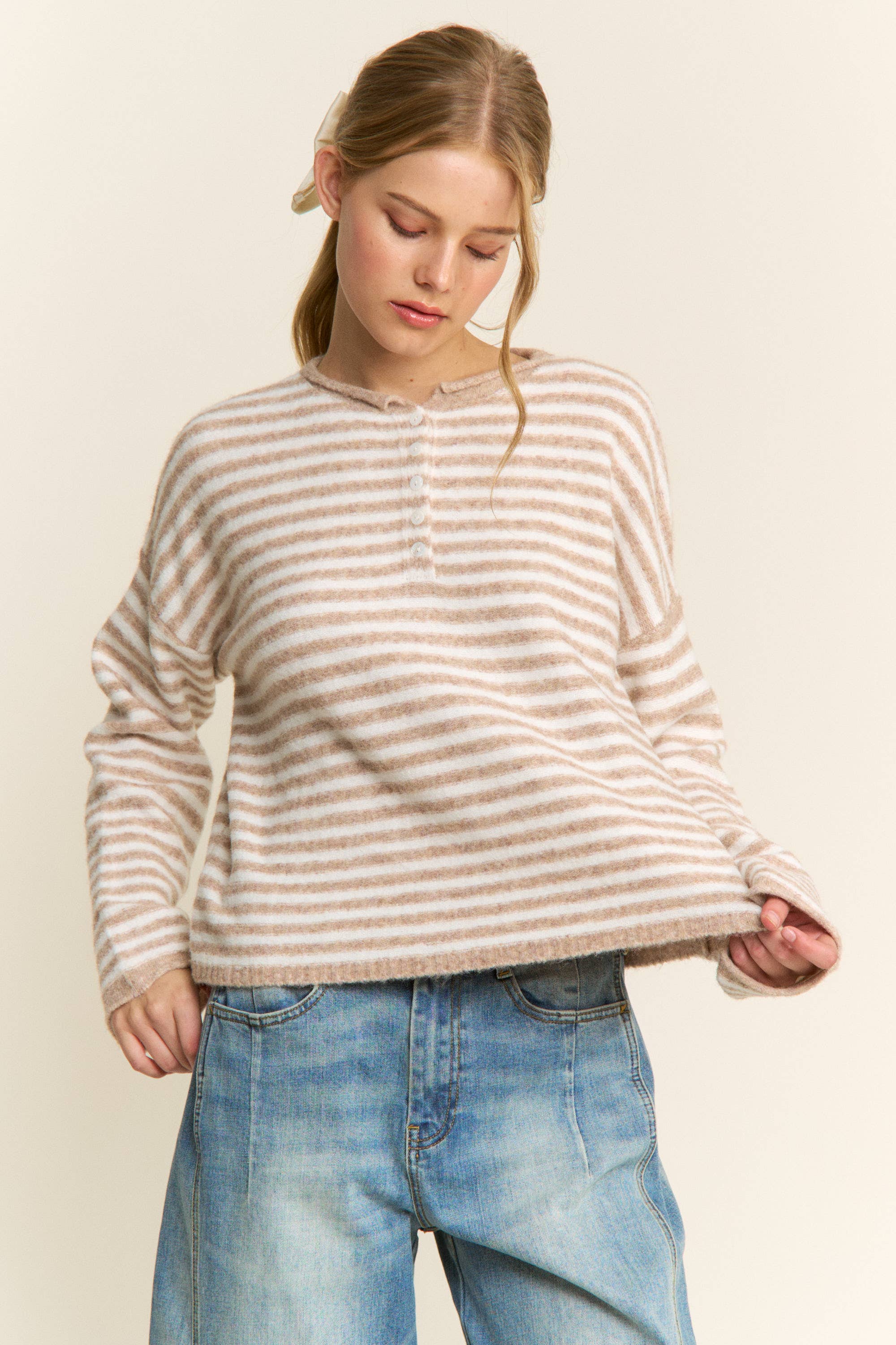 Oatmeal Striped Henley Knit Sweater