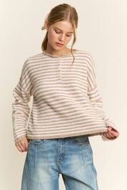 Pink Striped Henley Knit Sweater