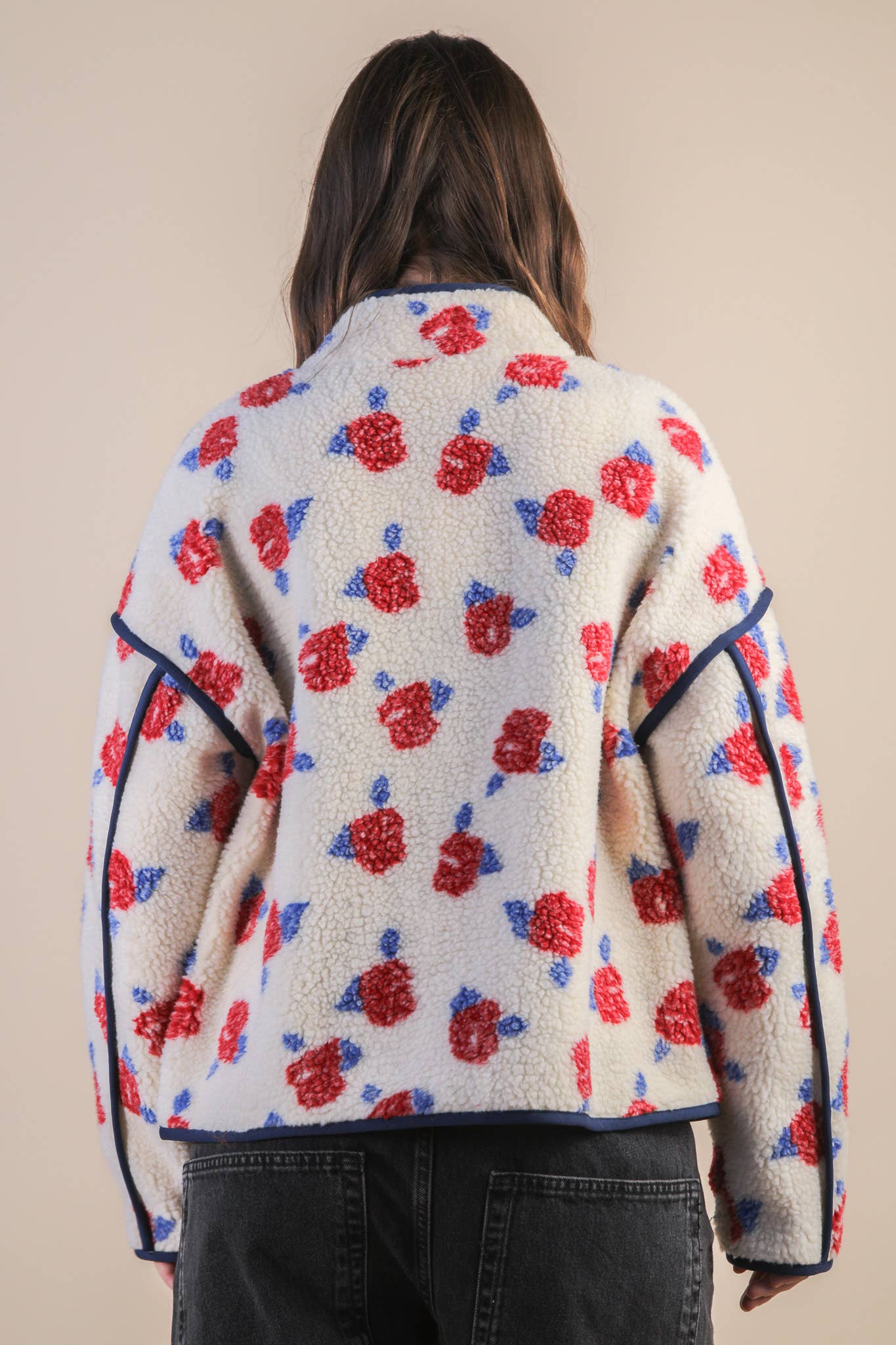 White Floral Printed Fleece Sherpa Jacket