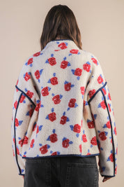 White Floral Printed Fleece Sherpa Jacket