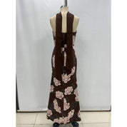 Brown Floral Mermaid Maxi Dress showing narrow cutout across the upper back