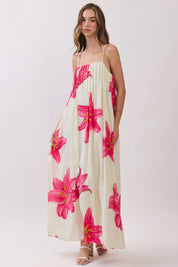 Cream & Pink Floral Maxi Dress