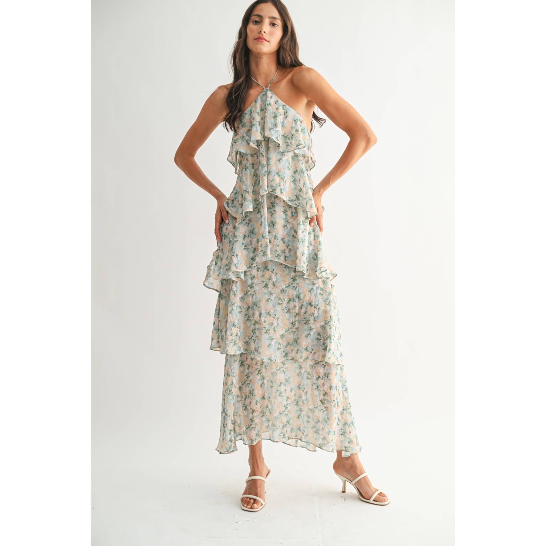 Green Floral Ruffle Tiered Maxi Dress