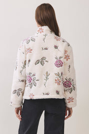 Cream Floral Embroidered Sherpa Jacket showing mock neckline with a stand collar