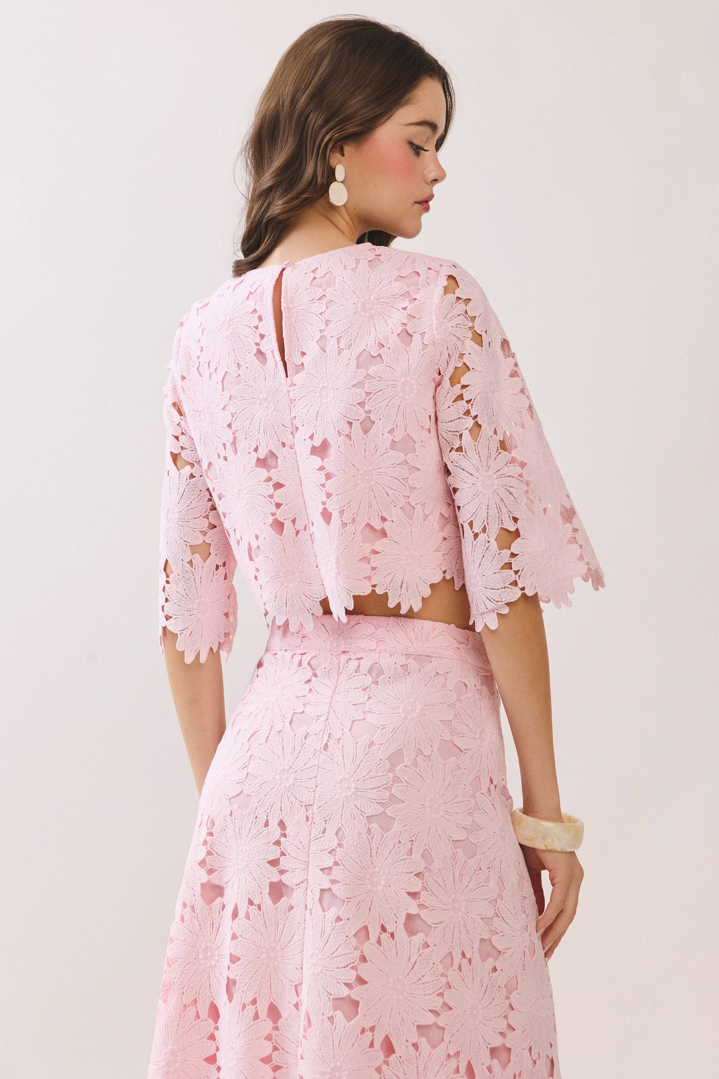 Pink Floral Lace Cropped Top