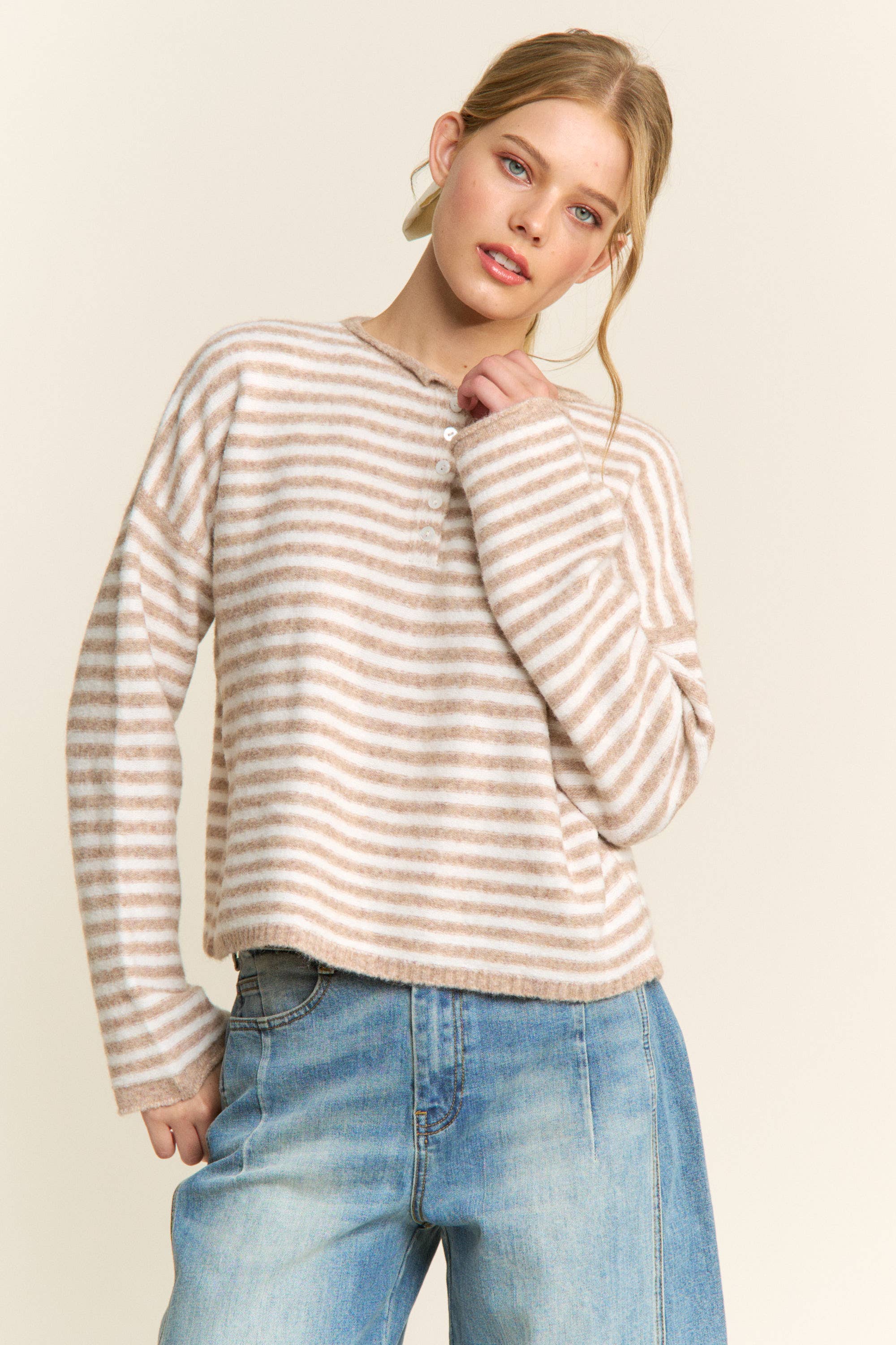 Pink Striped Henley Knit Sweater