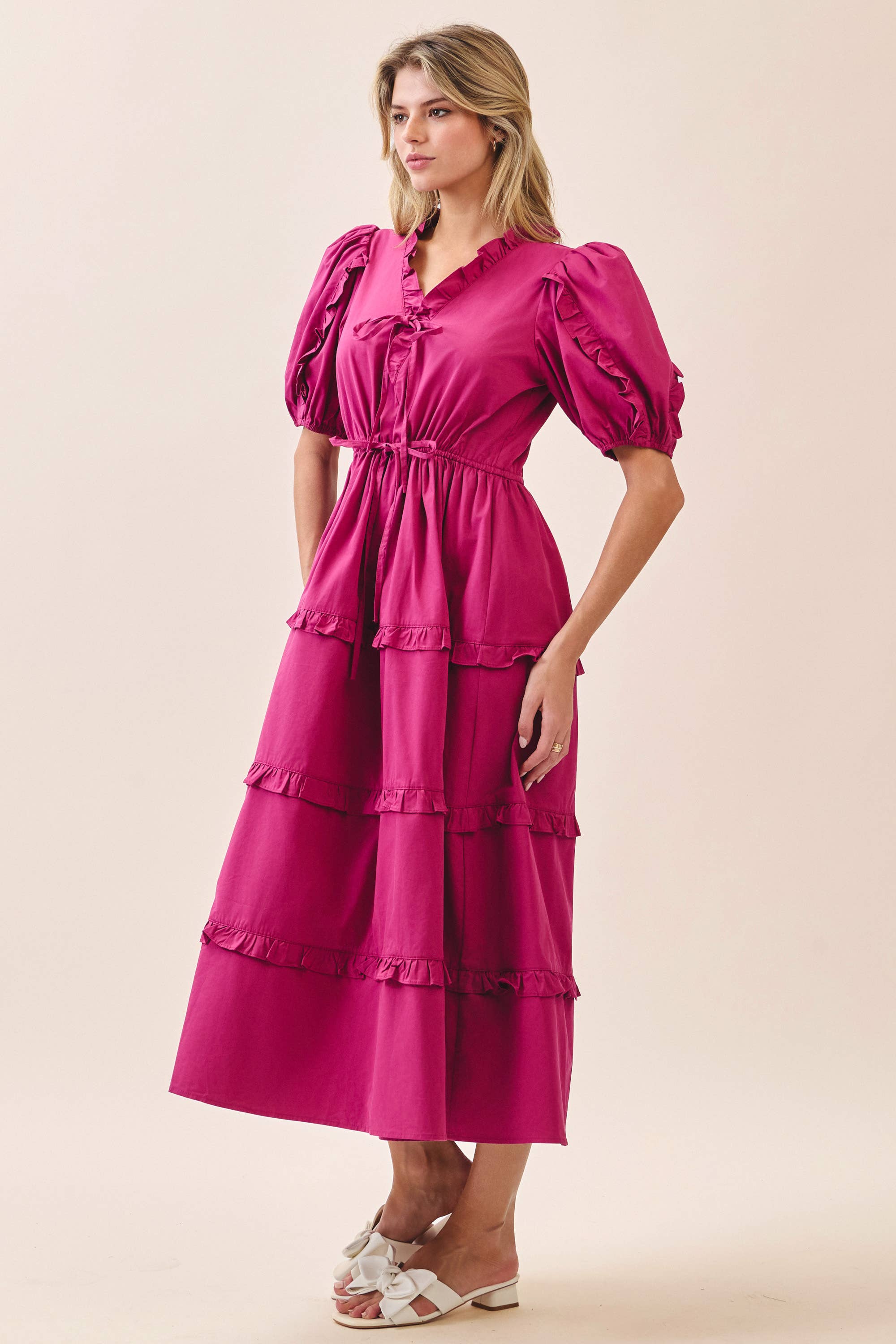 Pink Drawstring Waist Tiered Ruffle Dress
