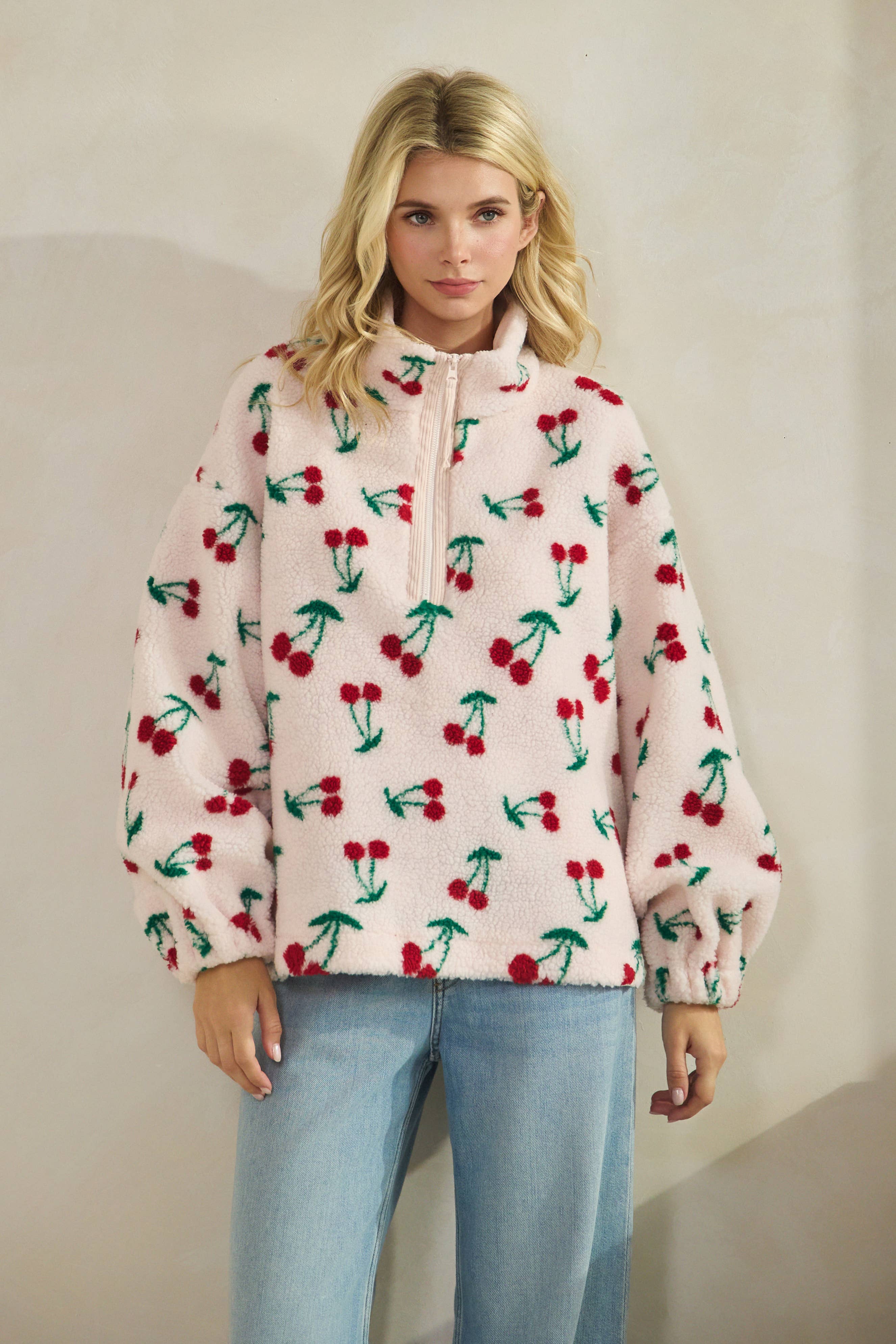 Cherry Printed Quarter Zip Sweater