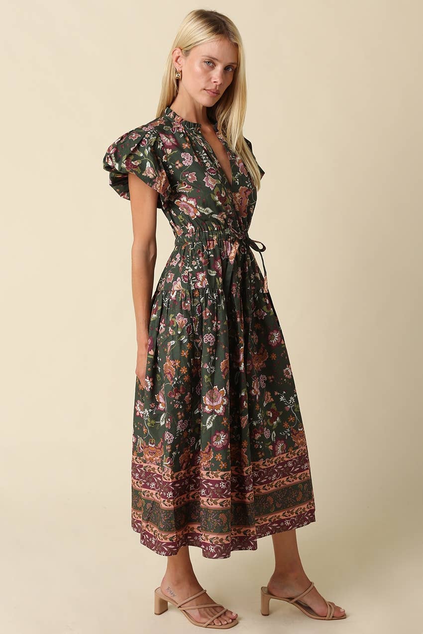 Green Bubble Sleeve Floral Midi Dress
