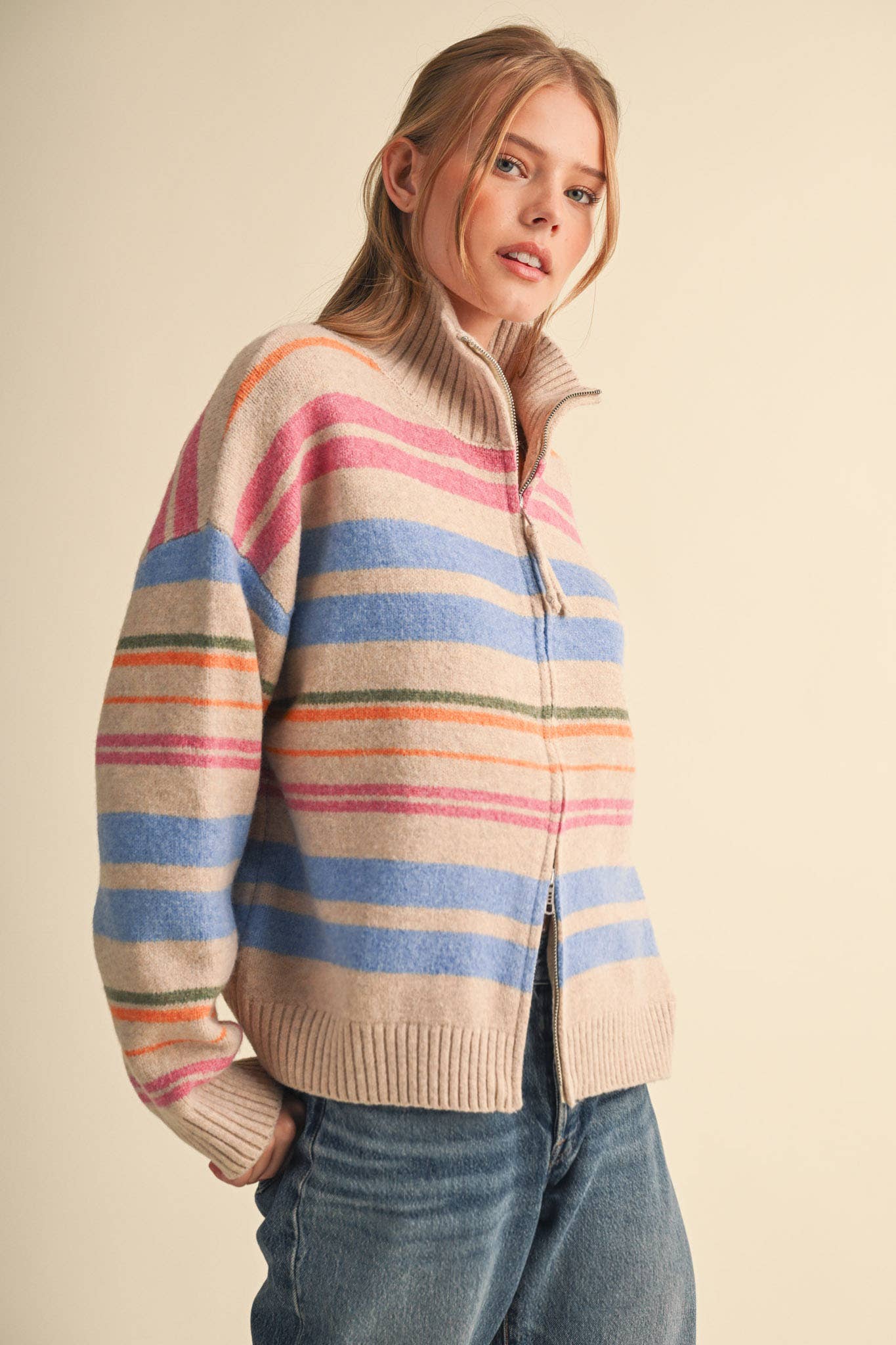 Cream Striped Mock Neck Zip Up Cardigan