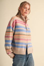 Cream Striped Mock Neck Zip Up Cardigan