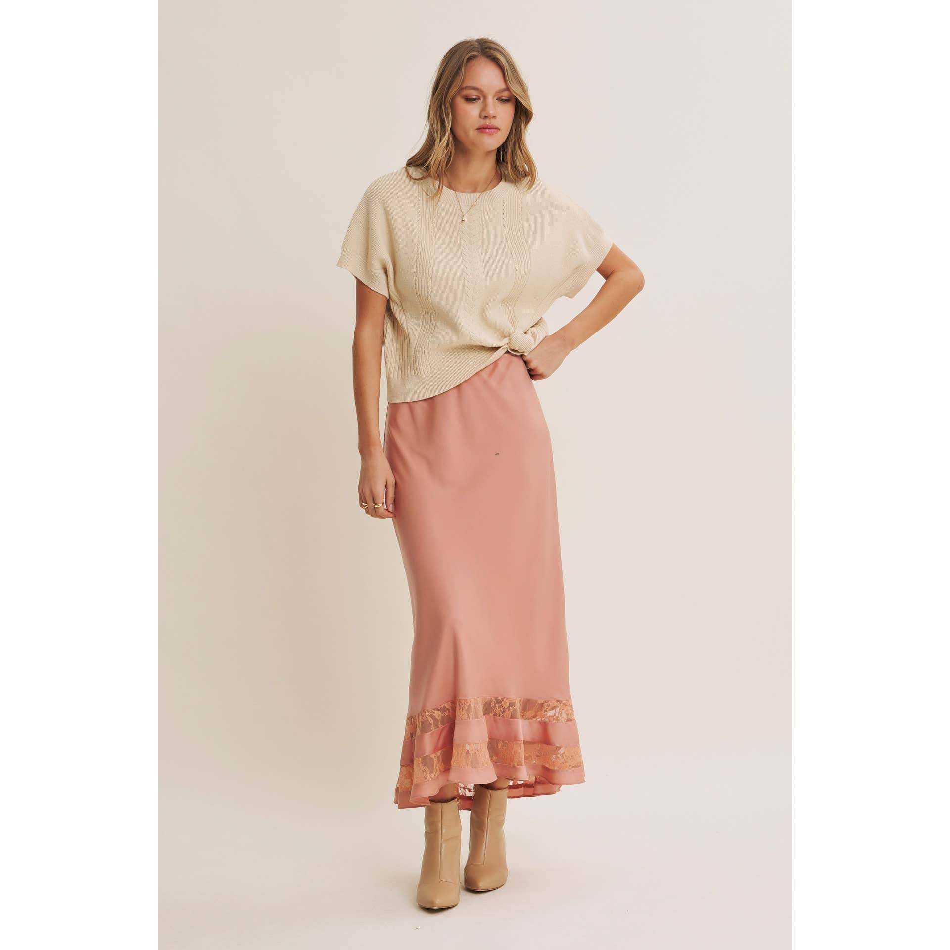Coral Satin Lace Maxi Skirt