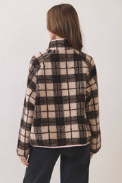Brown & Pink Plaid Sherpa Half-Zip Jacket showing half zip